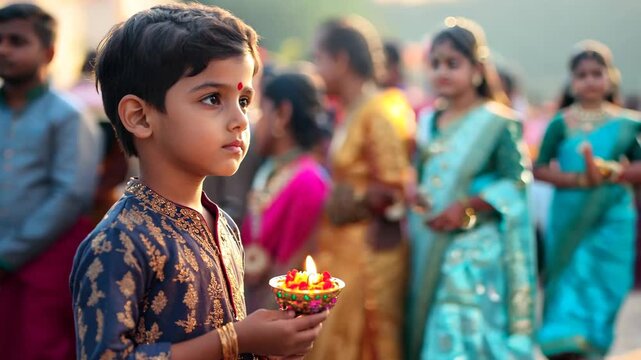 A young boy is holding a lit candle in a blue outfit. The scene appears to be a celebration or a special event, as the boy is surrounded by other people. Scene is festive and joyful