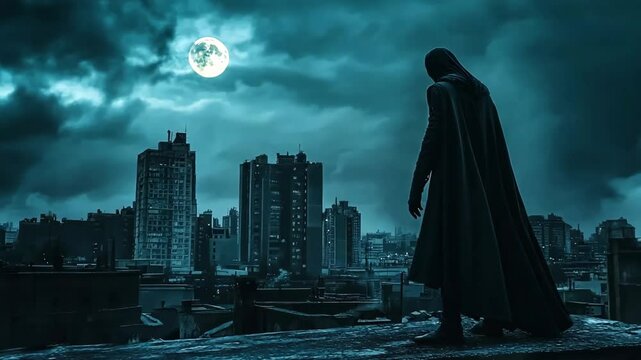 A man in a black cape stands on a rooftop in front of a city skyline. The sky is dark and cloudy, and the moon is visible in the background. Scene is mysterious and ominous