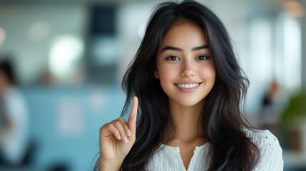 Obraz premium 指を上に向ける女性オフィスで笑顔を見せる若い女性のポートレート