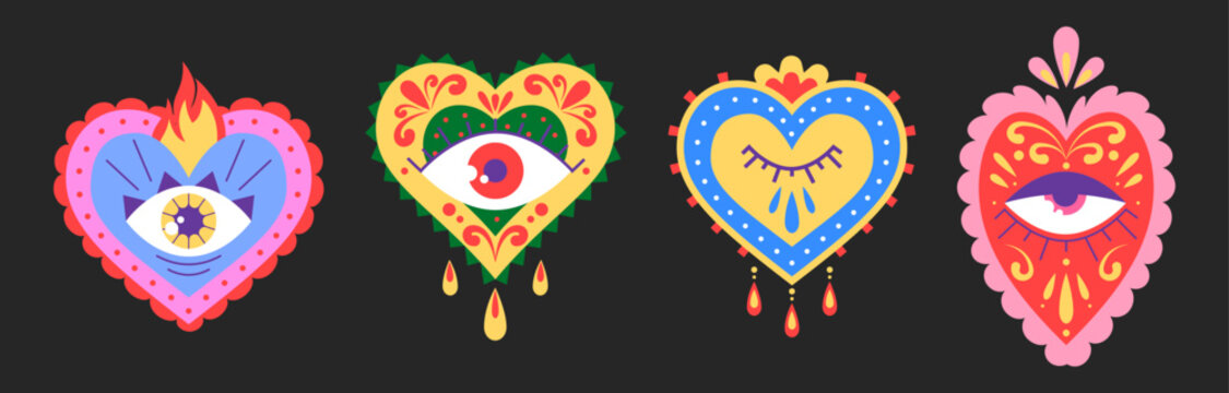 Mexican sacred hearts set isolated on black background. Vector cartoon illustration of tattoo love and hope symbols with eye, fire and colorful ornament, hispanic culture stickers, traditional art