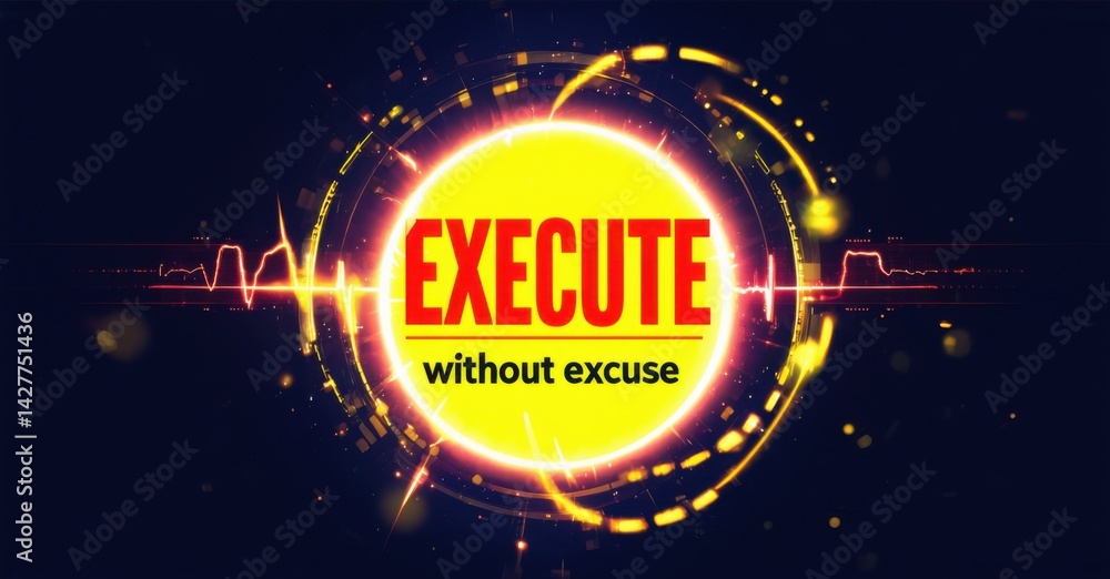 Aufkleber Bright yellow circle displays EXECUTE text. Circular design features glowing lines, red waveforms, dark blue background. Motivational imagery.