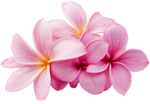 Pink and yellow frangipani flowers blossom in an overlapping decorative arrangement.
