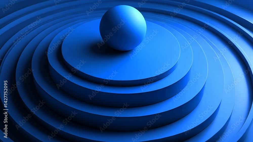 Poster blue sphere on concentric circles; abstract background; 3d rendering; design element