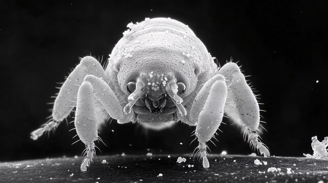 close-up electron microscope view of dust mite on surface for scientific research and microbiology