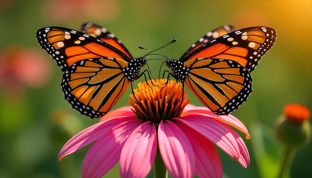 Monarch butterflies delicately perched on a vibrant pink coneflower blossom