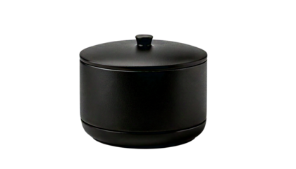 A modern matte black kitchen canister with a flat round lid and a small, centered knob handle, isolated on a black background, showcasing a minimalistic Png