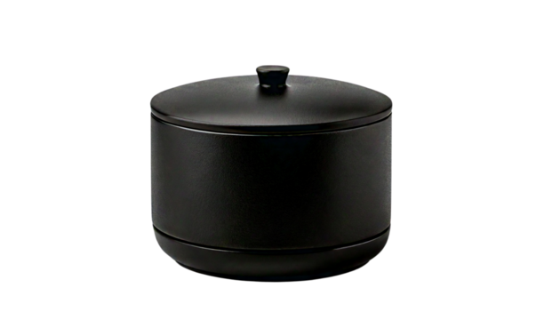 A modern matte black kitchen canister with a flat round lid and a small, centered knob handle, isolated on a black background, showcasing a minimalistic Png