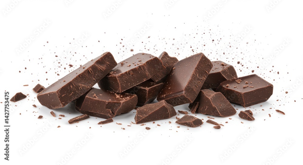 Poster a pile of dark chocolate chunks and shavings on a white background in a studio setting