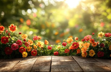 Colorful flowers on wooden table, sunlit garden