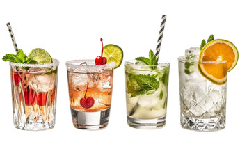 Four cocktail drinks with ice cubes in fancy glass with fruit garnish.
