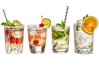 Four cocktail drinks with ice cubes in fancy glass with fruit garnish.
