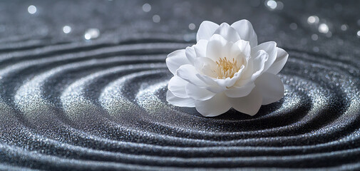 White Lotus Flower Resting Peacefully on a Textured Surface Surrounded by Gentle Ripples and Sparkling Details