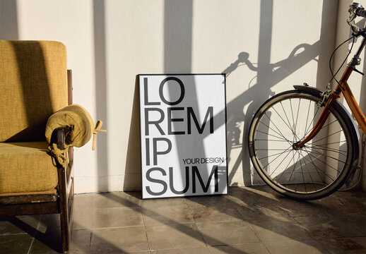 Mockup Of Customized Framed Poster Leaning Against Wall
