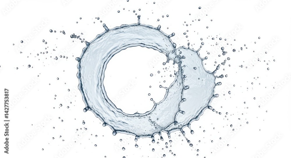 Poster a circular water splash with droplets isolated on a white background in a studio shot view