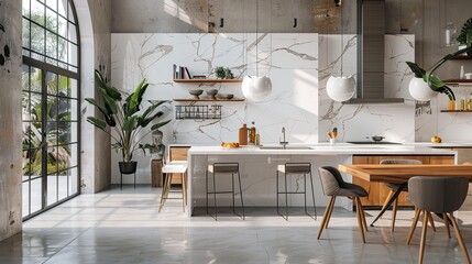 a white kitchen has a bar and white cabinetry ,Modern luxury kitchen and dining area with marble table, white countertop, and beige granite splashback for interior design product display