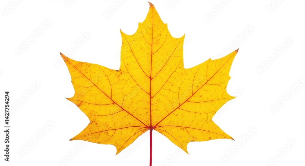 Poster a single yellow maple leaf with red veins isolated on a clean white background in sharp focus