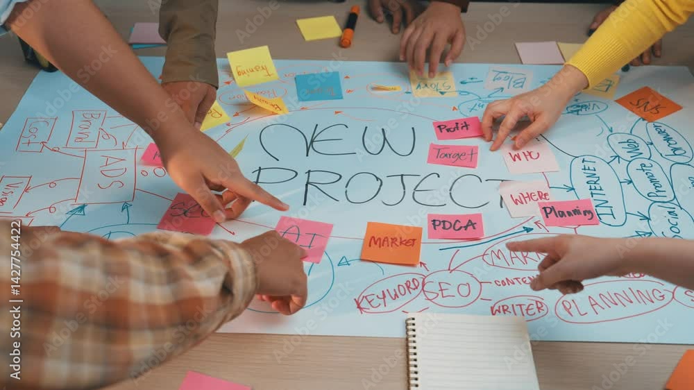 Poster a vibrant scene depicting a collaborative brainstorming session for a new project, featuring hands w