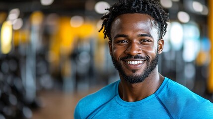 Obraz premium smiling african american man in bright blue workout shirt at gym optimizing fitness and health