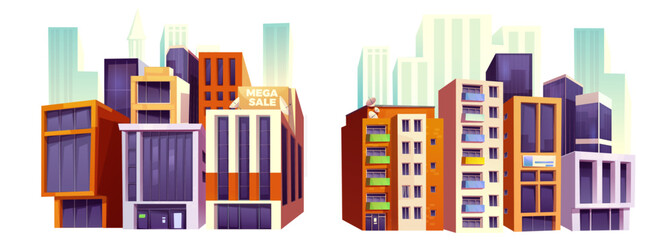 City crossroads illustration - colorful tall modern buildings cluster, business office skyscrapers neighbor apartment houses at downtown intersection. Cartoon city panorama for game background.