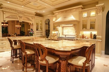 Kitchen in luxury home  ,Luxury domestic kitchen with elegant wooden design ,beautiful, large kitchen interior in new luxury home