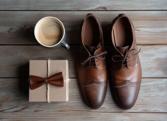 Brown Leather Shoe, Gift, and Coffee Still Life
