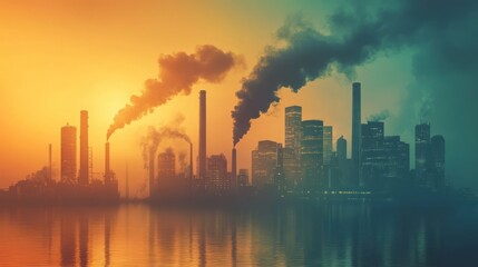 Fototapeta premium Industrial Pollution: A City's Sunset Silhouette