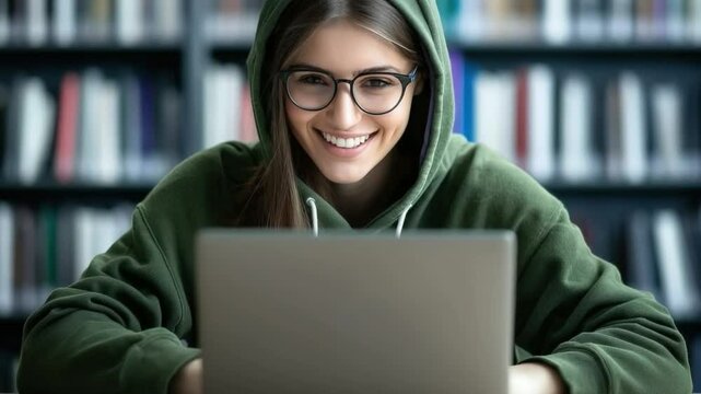 Focused Scholar at Library: A young female student, immersed in her studies at a library, glows with the intellectual pursuit, her focus fixed on the glow of her laptop.