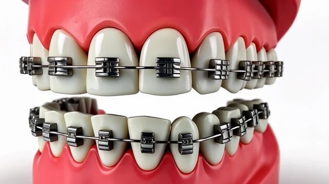Braces dental, Tooth alignment, Orthodontic care. Dental health. Gums respond to metal braces. Orthodontist adjusts teeth position. Correct alignment ensures optimal chewing.