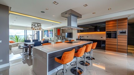 Interior of a modern kitchen in a luxury house ,Interior of a modern kitchen with wooden furniture in a luxury house 