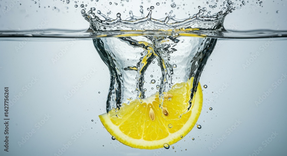 Poster a lemon slice falling into water creating a splash with visible seeds and a light blue background