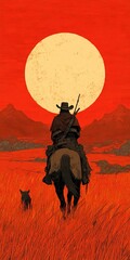 Naklejka premium Cowboy on horseback with dog at sunset in a red landscape.