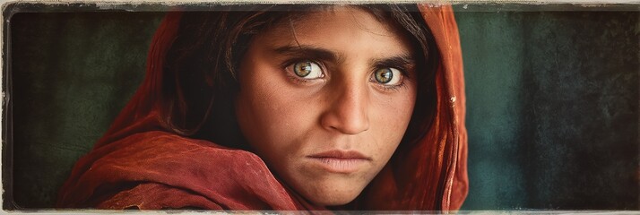 Portrait of a young woman with intense eyes wearing a red headscarf.