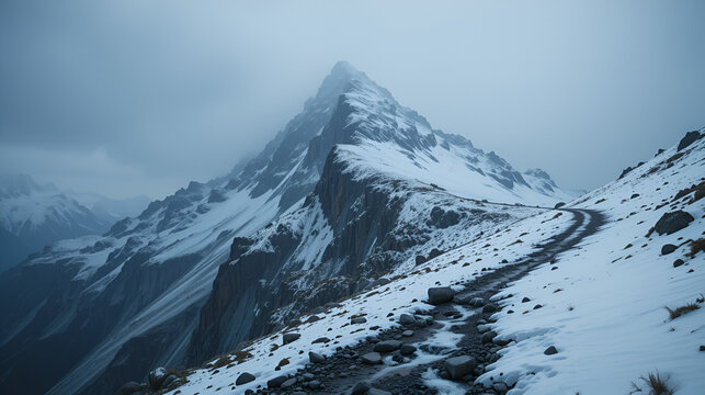 Atmospheric textured minimalist alpine landscape with firn or snow on big combe rocky mountain ridge. Background of snowbound scree hill. Rock of boulder stream. Majestic scenery on high altitude.