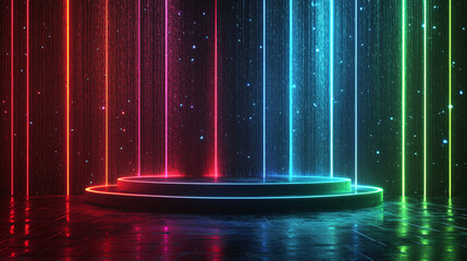 Futuristic 3D podium with digital rain effect, set in a cyberpunk-style matrix. Three glowing neon paths (red, green, blue) create a high-tech backdrop perfect for sci-fi, tech, and innovation themes