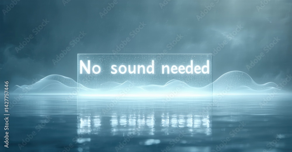 Poster Futuristic display shows text over water waves. Blue tones dominate scene, creating calm atmosphere. Minimalist design focuses message.