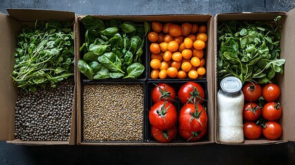 Fresh organic vegetables and herbs arranged in wooden boxes on a kitchen countertop including spinach cherry tomatoes lettuce quinoa and milk bottle