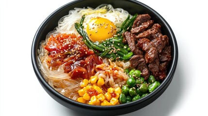 Fototapeta premium Delicious Korean Bibimbap Bowl with Fresh Ingredients and Egg