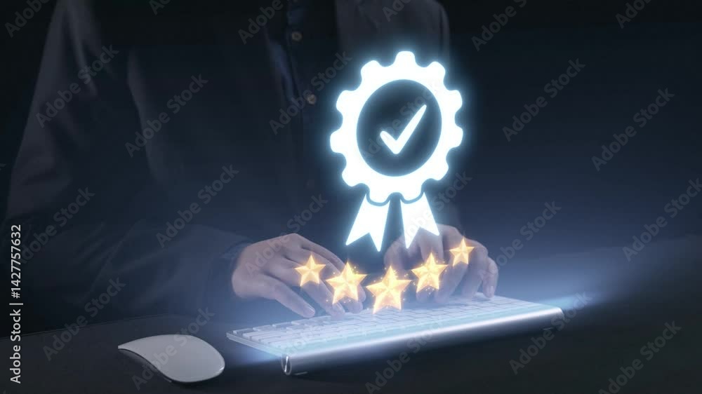 Poster a modern depiction of quality assurance in the digital age, showcasing hands typing on a keyboard wi