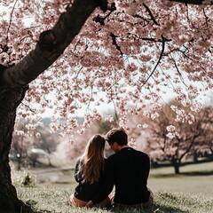 couple sitting under a blooming cherry blossom tree.