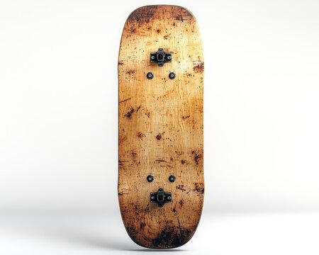 Vintage skateboard deck isolated against white background showcasing grunge texture and exposed wood details for design enthusiasts