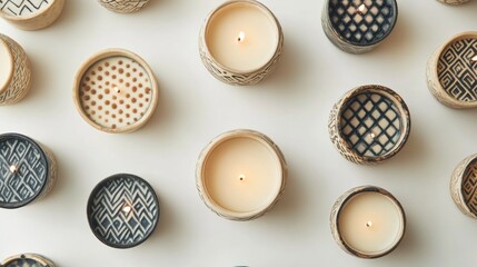 A variety of small candles in decorative ceramic holders
