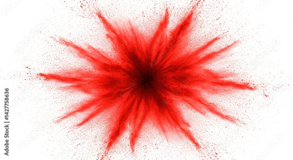Poster a vibrant explosion of red powder paint against a stark white background creating a dynamic burst ef