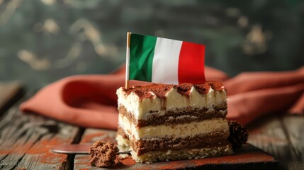 Italian republic day celebration with tiramisu and national flag on rustic table setting. Horizontal banner. Copy space. Liberation Day