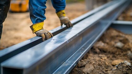 Construction Worker Handling Steel Beams