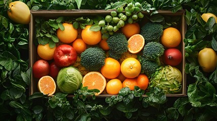 Vibrant fresh assorted fruits including oranges, s, broccoli, lettuce, and grapes arranged in a stylish wooden tray with lush green leaves background