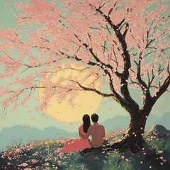 couple sitting under a blooming cherry blossom tree.