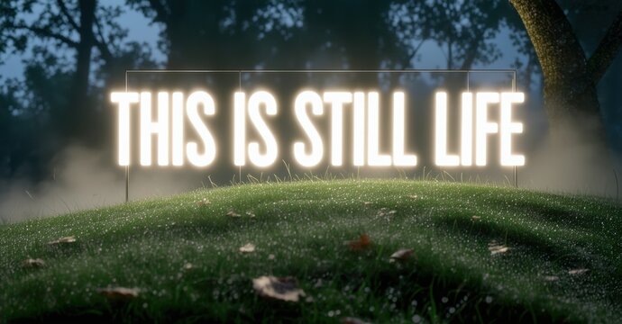 Naklejki Soft white neon this is still life in thick letters glowing above dewy grassy hill with mist wind blown leaves and early light
