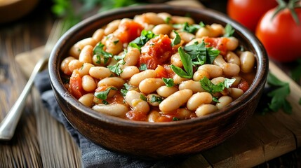 Delicious white beans stew with tomatoes and parsley healthy food red eat meal dish bowl easy herb