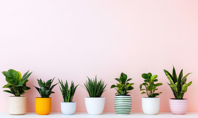 Fototapeta premium Colorful arrangement of indoor plants in various pots against a soft pink background, showcasing greenery and contemporary decor style for home spaces