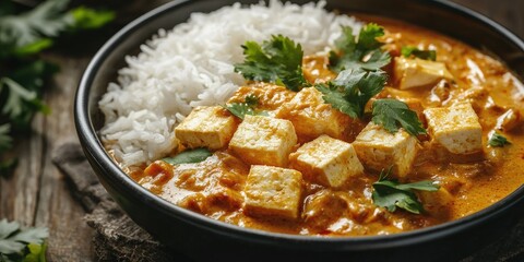 A creamy coconut curry with tofu and jasmine rice